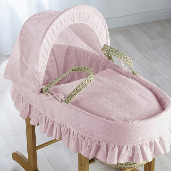 Kinder Valley Broderie Anglaise Pink Moses Basket with Folding Stand Natural