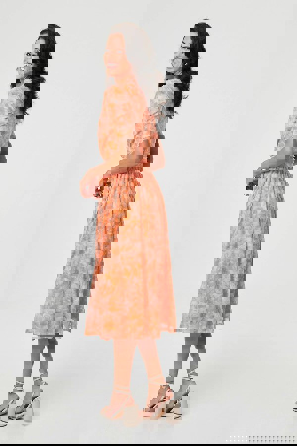 Orange | Printed 3/4 Sleeve Ruched Midi Dress
