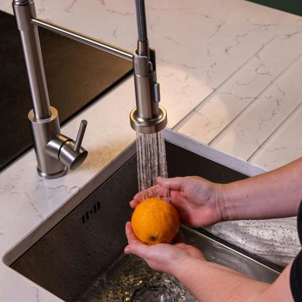 Flode Fjädra | Pull Out Kitchen Sink Mixer Tap | Spring Style Mixer Tap | Brushed Steel | Round Head