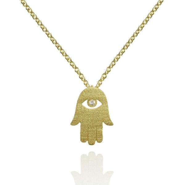 Gold Hamsa Pendant Necklace. Brushed Finish Lucky Charm Necklace. - namana.london