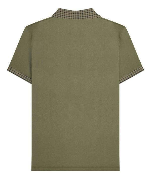 Lambretta Mens Classic Dress Gingham Mod Retro Ska Casual Polo, back view of men's olive green polo shirt with gingham check collar and sleeve cuffs.
