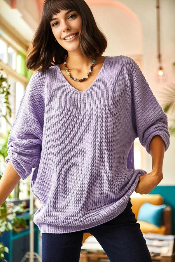 Hoxton Gal V-Neck Fisherman’s Rib Knit Oversized Sweater