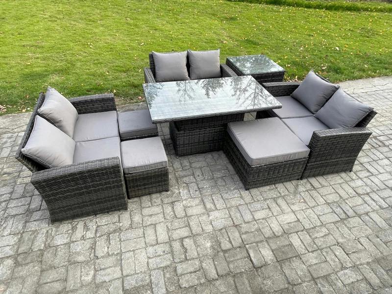 Fimous Wicker PE Rattan Garden Set, Adj Height Table Sofa Dining, Double Seat Sofa, 3 Footstools and Side Table, Dark Grey Mixed