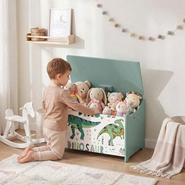 Storage Chest, Wooden Toy Chest with Lid, Flip-Top, Security Hinges and Anti-Pinch Design for Kids, Green