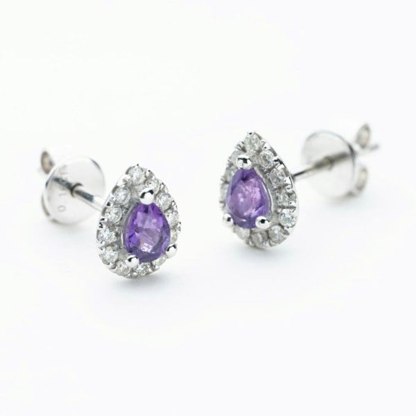 T. H. Baker 9ct White Gold Pear Cut Amethyst & 0.27ct Diamond Cluster Stud Earrings NTE409PEAR-AMD-9WG