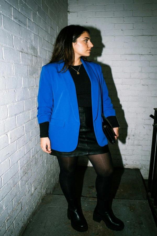 Valerie Ruched Sleeve Open Front Blazer Jacket With Front Pockets - Royal