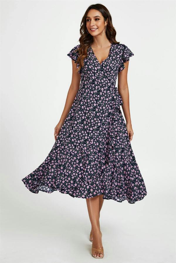 FS Collection Floral Frill Sleeve Midi Wrap Dress In Navy