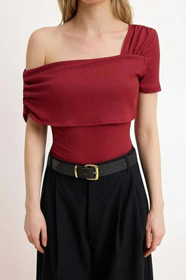 WOVCOR Asymmetrical Collar Fitted Snap Button Knitted Bodysuit