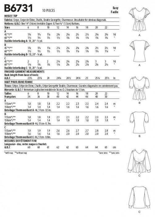 Butterick Sewing Pattern 6731, Tops for Women, A5 (6-8-10-12-14) - Easy