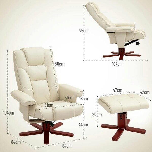 Faux Leather Manual Recliner and Footstool Set - Cream White