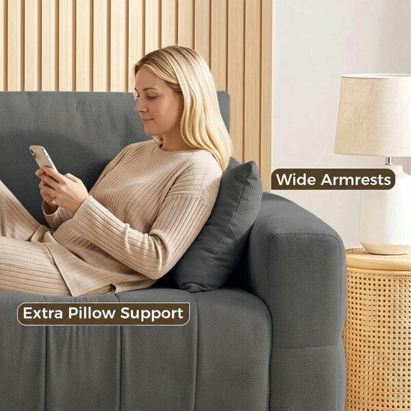 3 Seater Sofa, Upholstered Velvet Couch for Bedroom with Pillows, Padded Cushion and Wood Legs, Grey