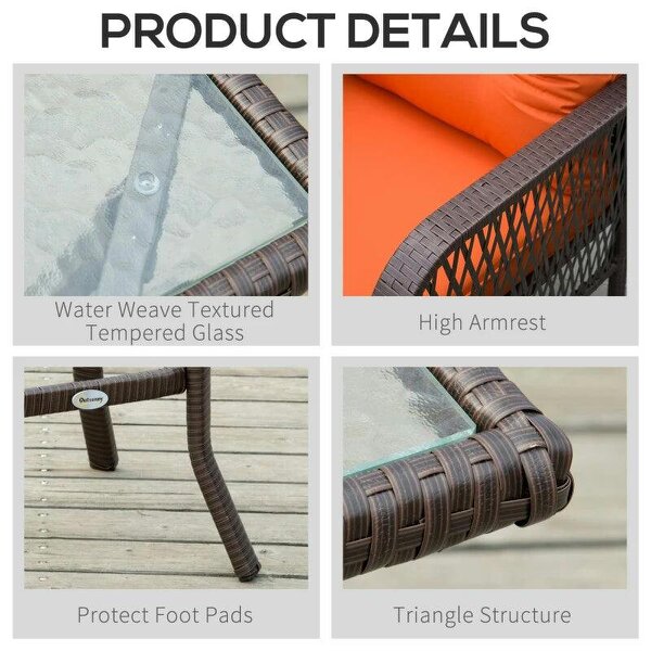 3 Pieces Rattan Bistro Set with Glass Top Coffee Table, Chairs and Cushions for Outdoor, Patio, Balcony, Orange