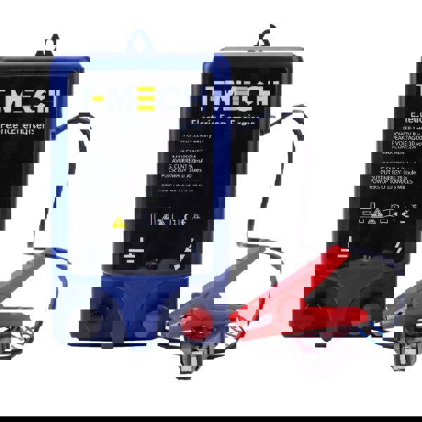 T-Mech Electric Fence Energiser in blue with red clips, showcasing power specifications and output details for effective livestock protection