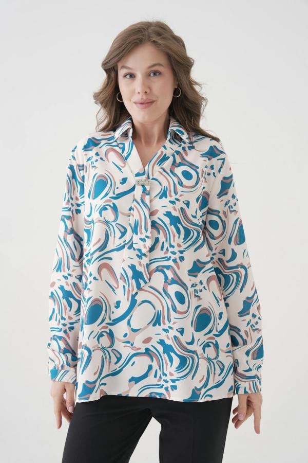 Hoxton Gal Relaxed Fit Long Sleeves Brooch and Print Detail Blouse