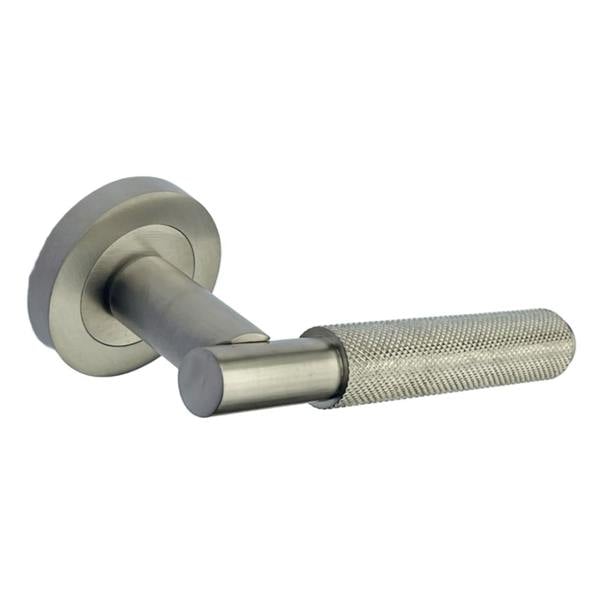 EDH Door Hardware Satin Nickel Knurled Door Handles on Round Rose – Modern Internal Lever Handle