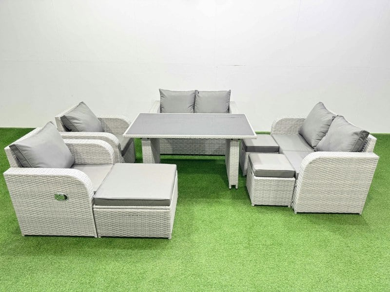 Fimous 8 Pieces Outdoor PE Rattan Sofa Reclining Chair Set Patio Garden Furniture Sets with Cushions 3 Stools Light Grey