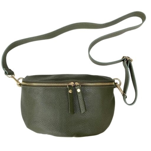 Scott-Samuel Regular Leather Bumbag / Sling Bag - Green (khaki) with Gold hardware