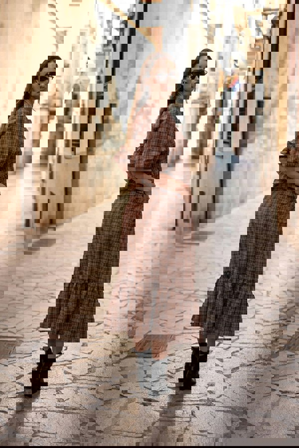 Gini London Brown Cotton Puff Sleeves V Neck Midi Dress