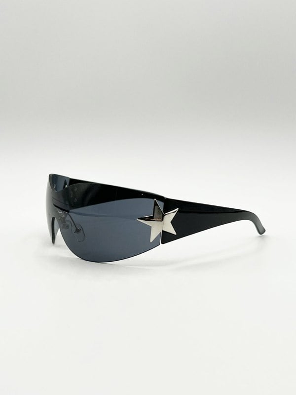 SVNX Wrap Around Racer Sunglasses with Star Hinge Detail in Black
