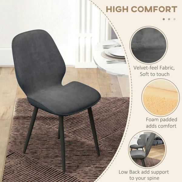 Grey velvet dining chair with low back support and black legs