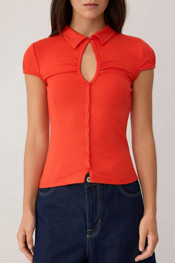 WOVCOR Keyhole Neck Short Sleeve Fitted Knit Blouse