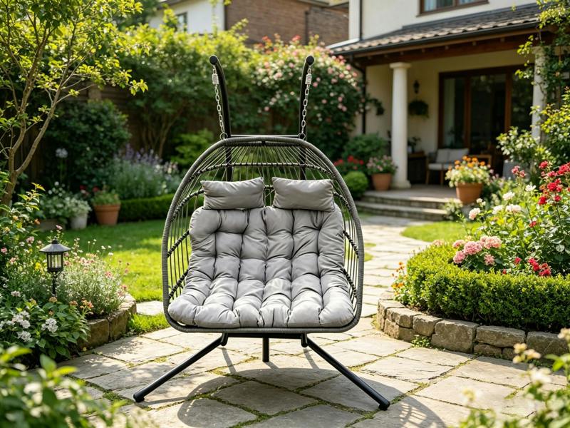 Fimous Indoor Outdoor Patio Rattan Double Egg Hanging Chair Garden With Grey Thick Cushion