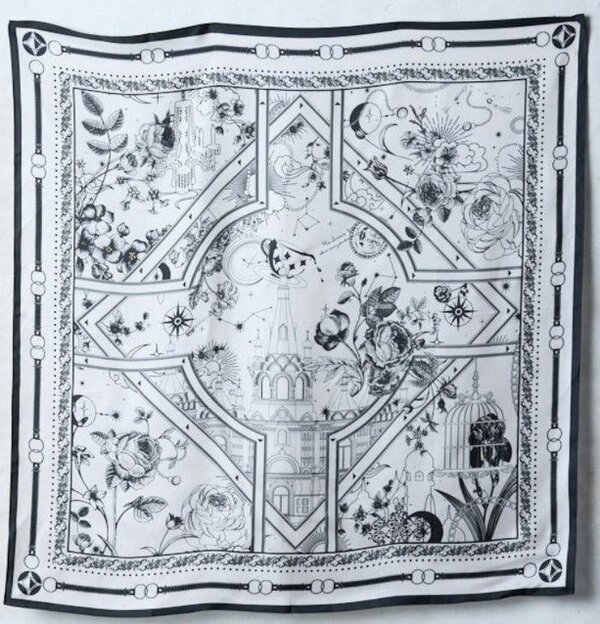 Monochrome Nautical Twill Silk Scarf – Printed Mulberry Silk, Hand-Rolled Hem