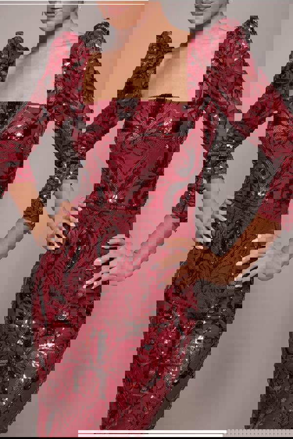 Square Neck Scalloped Embroidered Sequin Midi Dress - Wine DR4124