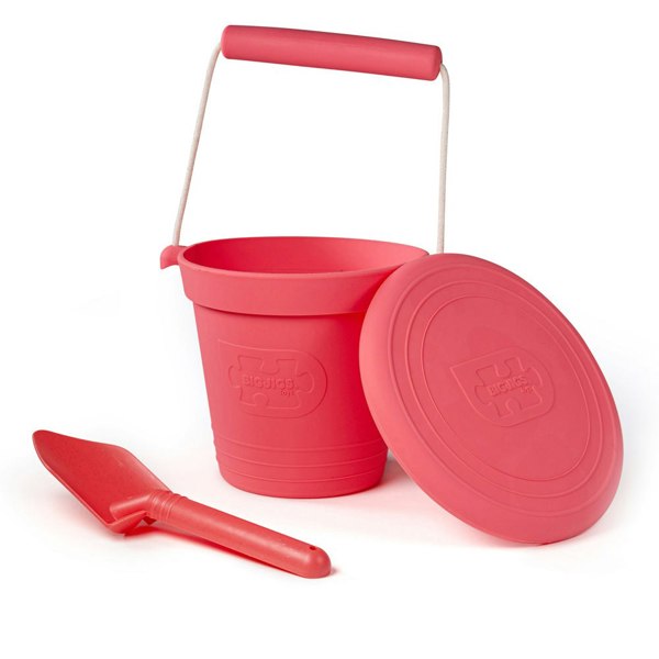 Bigjigs Toys 3 Silicone Beach Toys, Bucket, Flyer and Spade - Pink