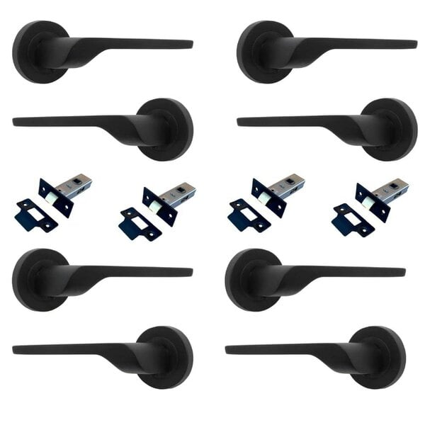 EDH Door Hardware Modern Matt Black Lever on Rose Plate Door Handle Set with Tubular Latch – Contemporary Interior Door Hardware -4 Pairs