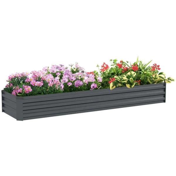 Dark grey galvanized steel planter box with open bottom, filled with flowering plants