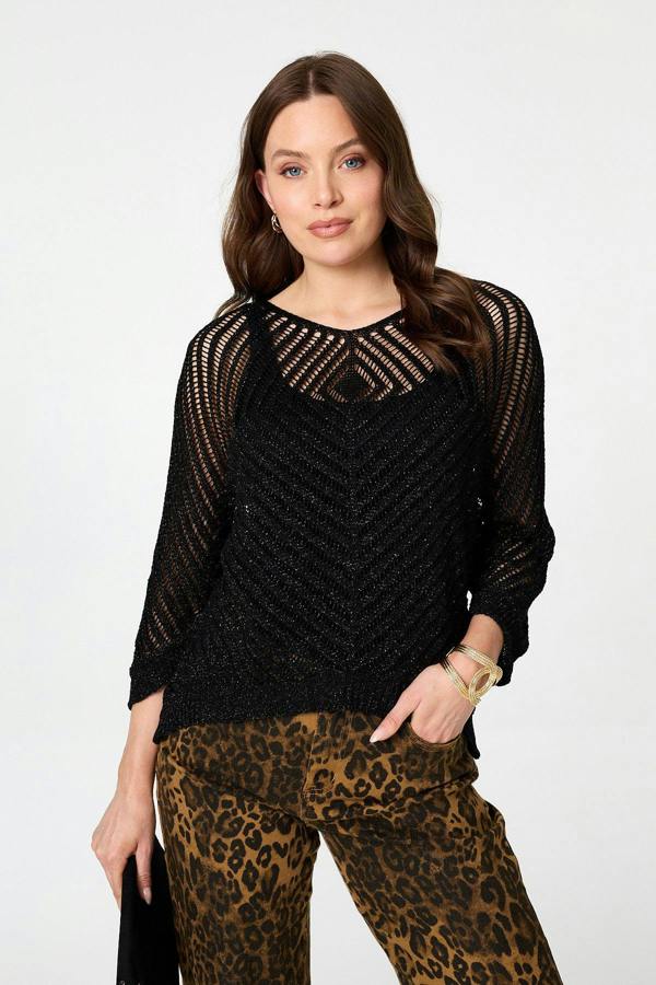 Black | Sparkly Sheer Mesh 3/4 Sleeve Top