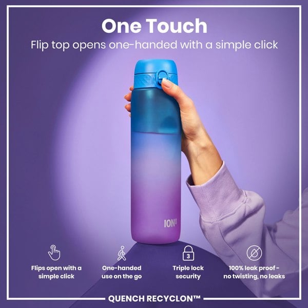 A purple and blue water bottle is being held. Its flip top opens one-handed. It features a triple lock security and is 100% leak proof. The brand is QUENCH RECYCLON™.