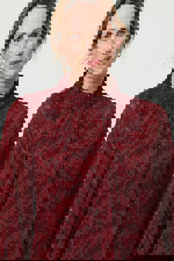 Red | Lace Frill Semi Sheer Long Sleeve Blouse
