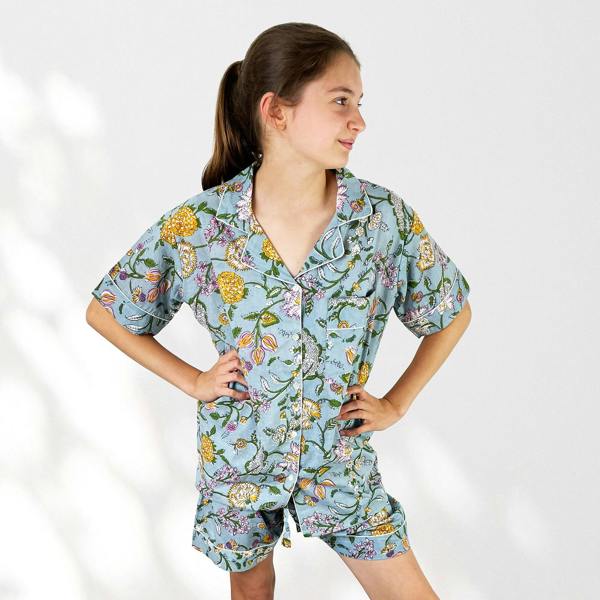 Hayley & Co Pale Blue Block Print Floral 100% Cotton Short Pyjama Set