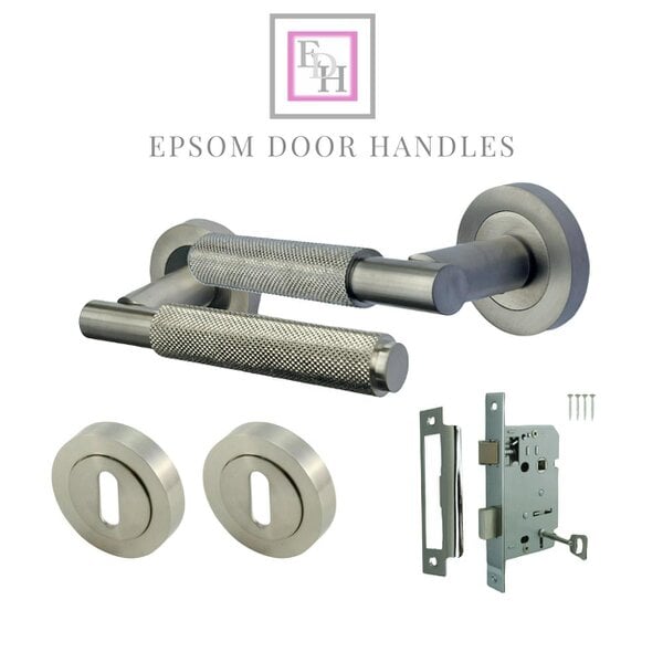 EDH Door Hardware Satin Nickel Knurled Door Handles on Round Rose – Modern Internal Lever Handle Sets