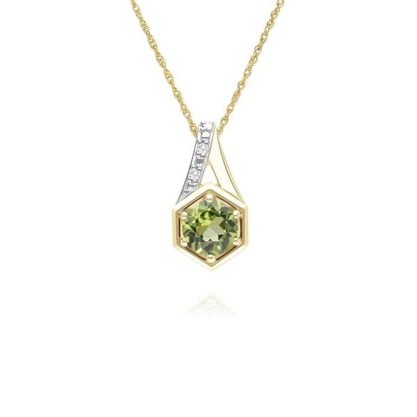 Gemondo Geometric Hexagon with Prong set Round Peridot and Diamond Pendant Necklace in 9ct Yellow Gold