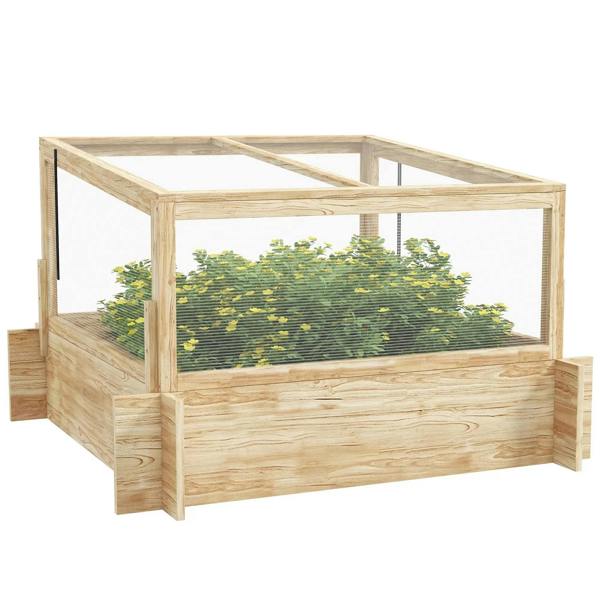 Natural wood greenhouse planter box with clear side panels and raised bottom