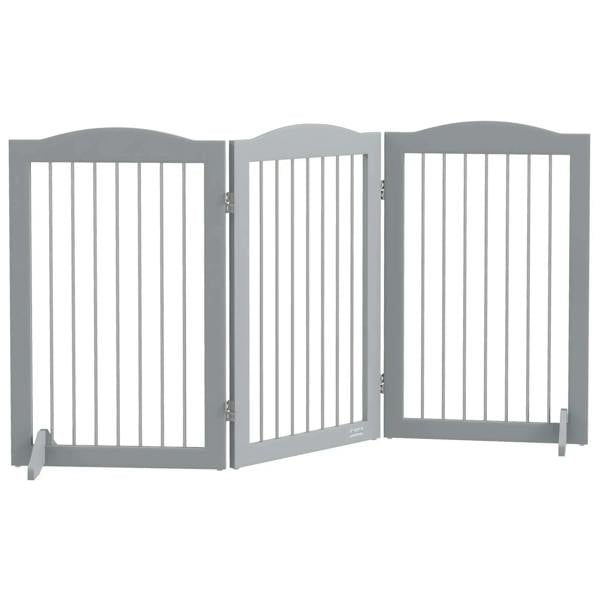 Grey freestanding foldable dog gate with vertical bars and two support feet