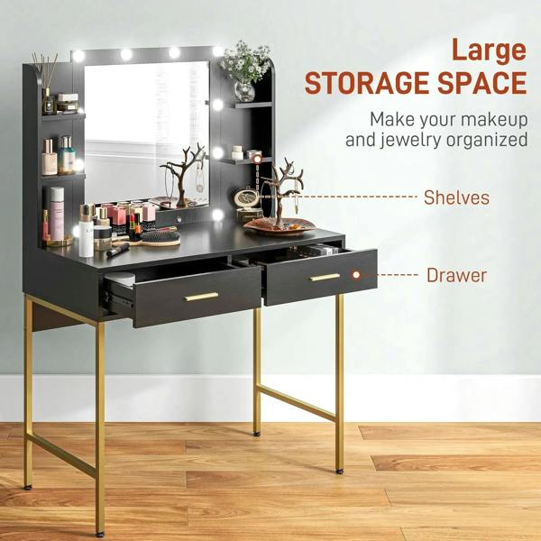 Black dressing table with lit mirror, open shelves, and two drawers for makeup storage