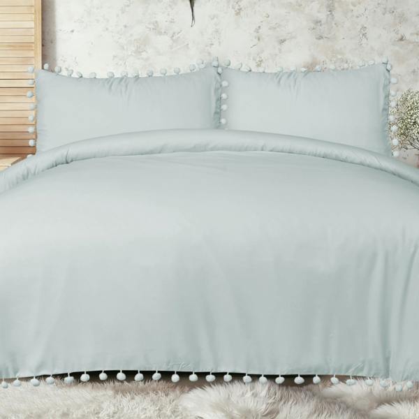 Smart Living Luxury Super Soft Pom Pom Duvet Cover with Pillowcases - Duck Egg