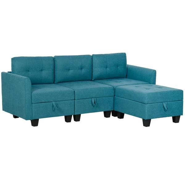 Light blue L-shaped modular sofa with storage, tufted back cushions and boxed armrests