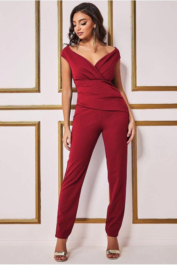 Scuba Crepe Wrap Bardot Jumpsuit - Wine TR113