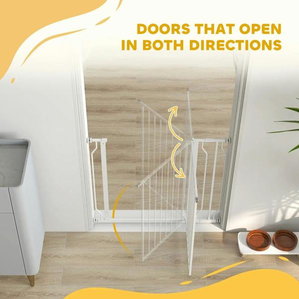 White dog safety gate with door panel that opens in both directions