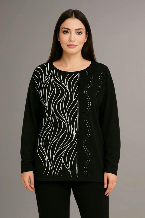 Hoxton Gal Oversized Stone Embellished Long Sleeve Round Neckline Blouse in Black