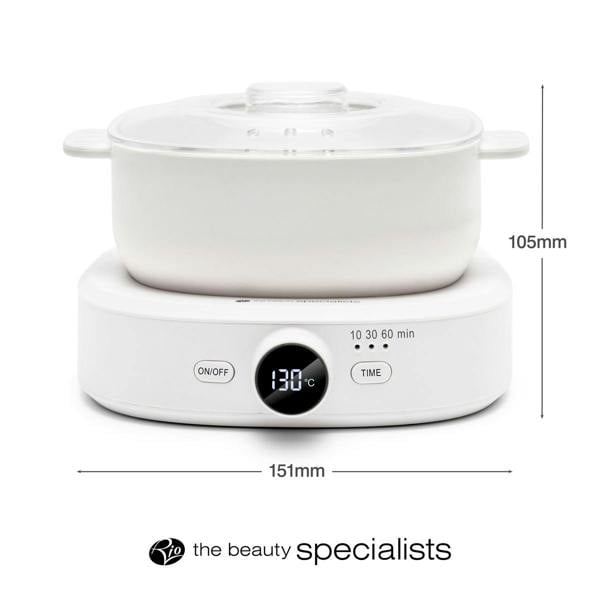 The Rio Go Smooth Hair Removal Wax Heater is a white electric unit with a glass lid, digital base showing 130°C, On/Off and Time buttons. Ideal for pro hair removal or wax melts. Size: 151mm x 105mm. Logo: the beauty specialists.