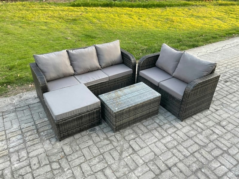 Fimous 6 Seater Rattan Wicker Garden Furniture Patio Conservatory Sofa Set with Rectangular Coffee Table 3 Seater Sofa Love Sofa Big Footstool