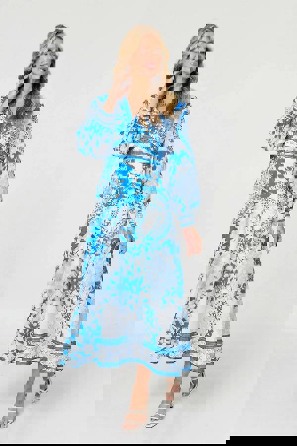 Blue | Floral Long Sleeve A-Line Maxi Dress