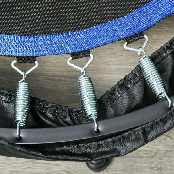 Mini trampoline with metal springs along the edge and padded black jumping mat with blue rim
