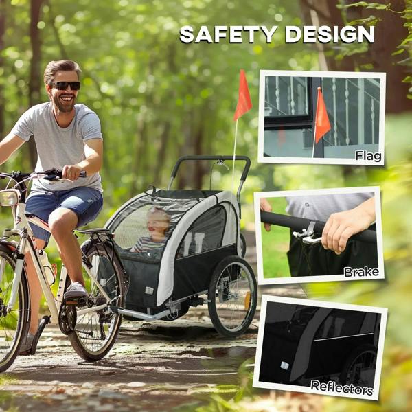 Black bike trailer with safety flag, brake handle, and reflective panels for visibility